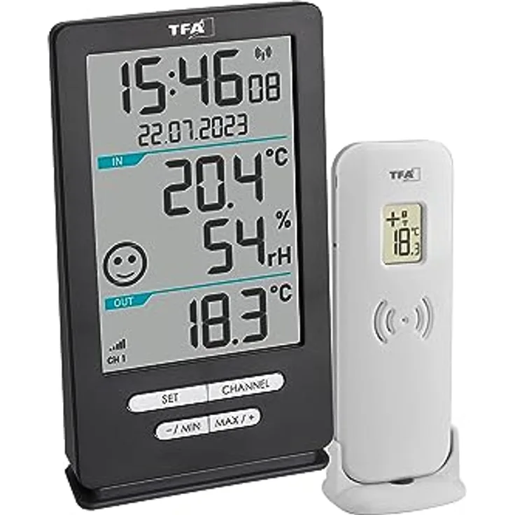 TFA Dostmann Funk-Thermo-Hygrometer Xena Home, Digital mit 100 m Sensor-Reichweite, Temperatur- und Feuchtigkeitsanzeige, inklusive Komfort-Smiley