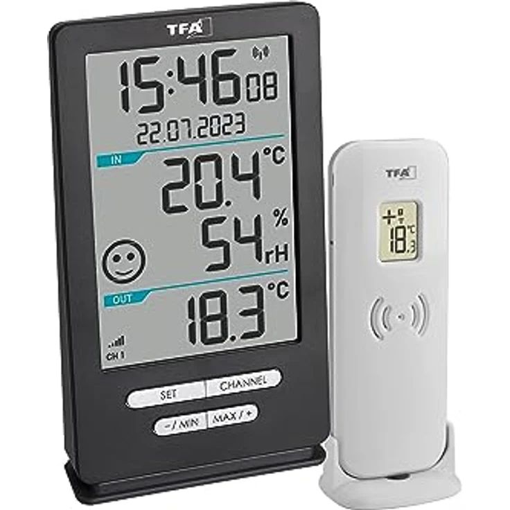 TFA Dostmann Funk-Thermo-Hygrometer Xena Home, Digital mit 100 m Sensor-Reichweite, Temperatur- und Feuchtigkeitsanzeige, inklusive Komfort-Smiley – Bild 1