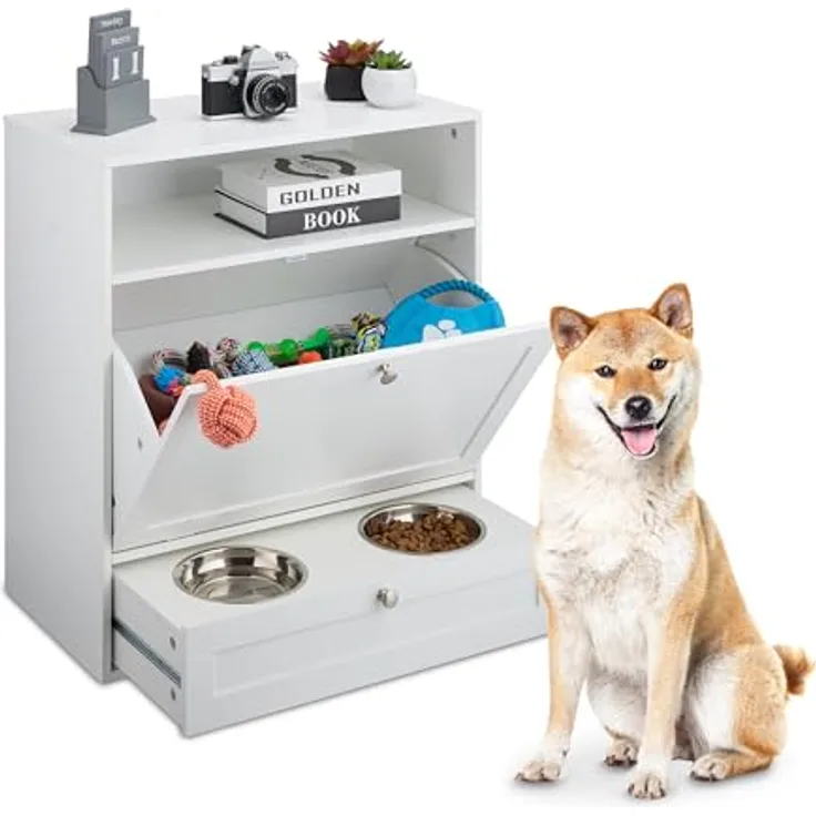 Relaxdays Futterschrank Hund, Schublade mit 2 Fressnäpfen, Kippfach, MDF, weiß