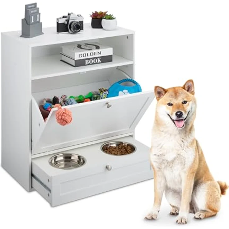 Relaxdays Futterschrank Hund, Schublade mit 2 Fressnäpfen, Kippfach, MDF, weiß – Bild 1