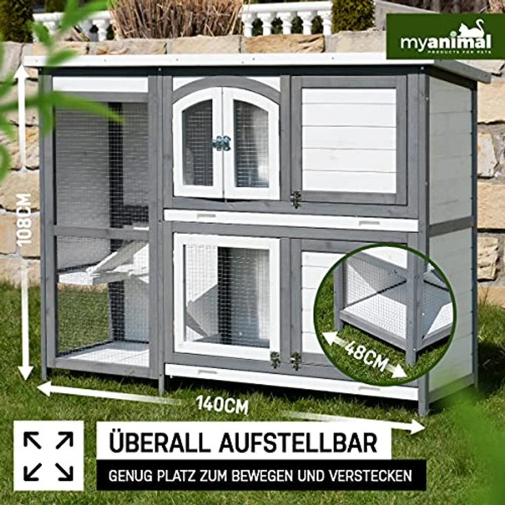 Miweba MyAnimal Hasenstall MH-02 | 140x48x108 cm - Kaninchenstall - Doppelstockhaus 2 Ebenen - Hasenkäfig - Kiefernholz imprägniert - Kaninchenkäfig Winterfest - Indoor und Outdoor (Grau/Weiß) – Bild 3