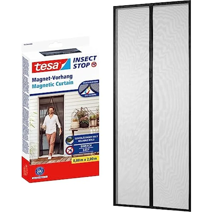 Tesa Magnetvorhang selbstschließend - Insektenschutzvorhang mit Magneten für Balkon und Terrassentüren - zur einfachen Montage ohne Bohren - 2.0 m x 0.8 m – Bild 1