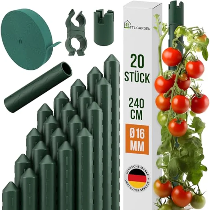 TTL GARDEN Rankstäbe 20er Set, grün, 240 cm x 16 mm Ø, extra stabil, mit Klettband und Clips, rostfreier Stahl, für Tomaten und Kletterpflanzen – Bild 1