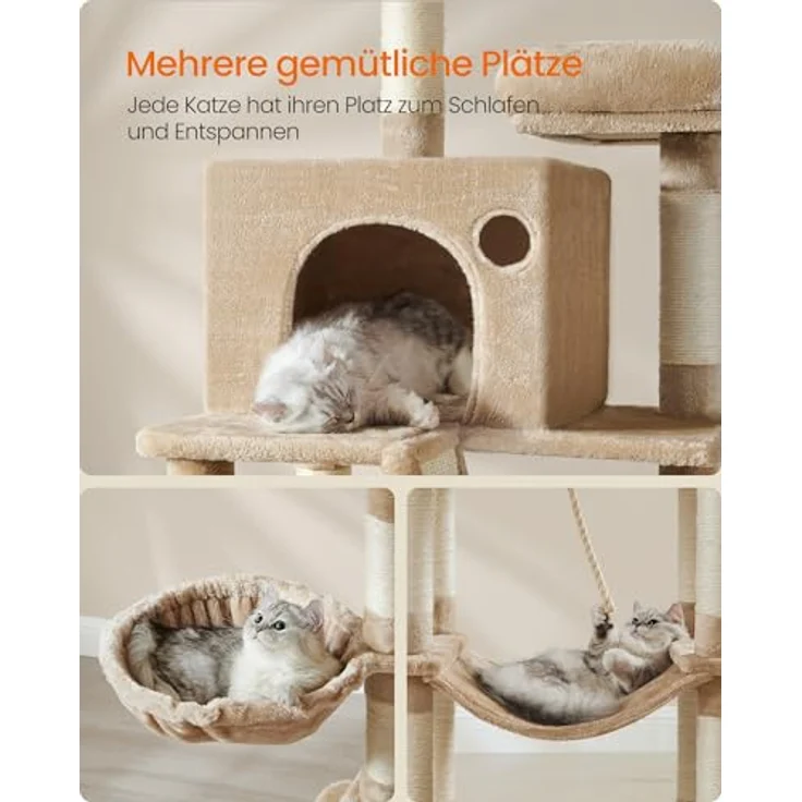 Feandrea Kratzbaum groß, 206 cm hoch, XXL Katzenbaum, mit 13 Kratzsäulen, 2 Plattformen, 2 Höhlen, Korb, Hängematte, Plüschbälle, mehrstöckiger Katzenkratzbaum, Kamelbraun – Bild 4