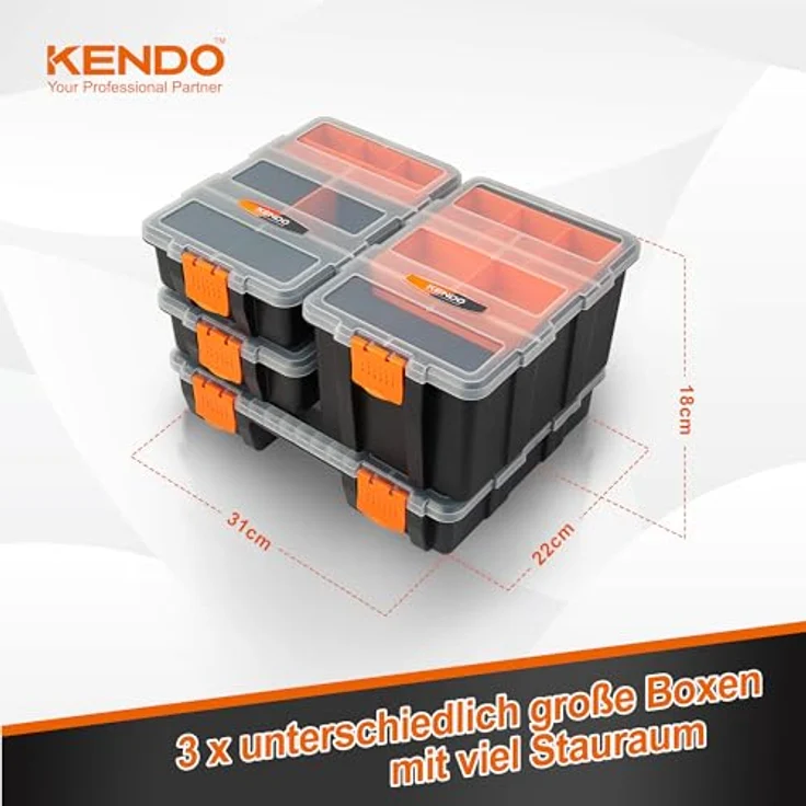 KENDO Sortimentskasten Set 4-teilig, mit 49 Fächern, transportable Werkzeugbox aus bruchfestem Polypropylen – Bild 2