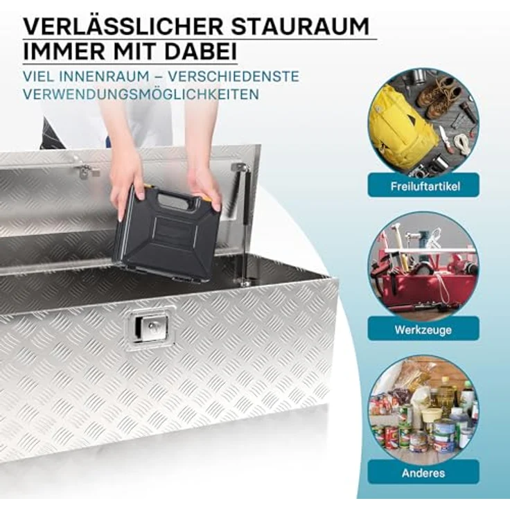 Wiltec Werkzeugbox Alu 124x37x38 cm, silberfarbene Deichsel- und Transportbox mit Schlüssel und Haltegriffen, robust und flexibel – Bild 4