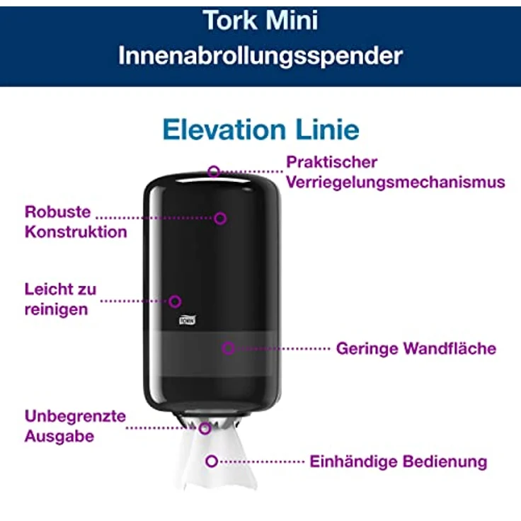 Tork 558008 Mini Innenabrollungsspender für M1 Papierwischtücher, hygienische Einzeltuchentnahme, Schwarz, kompaktes Design mit Sichtfenster – Bild 2