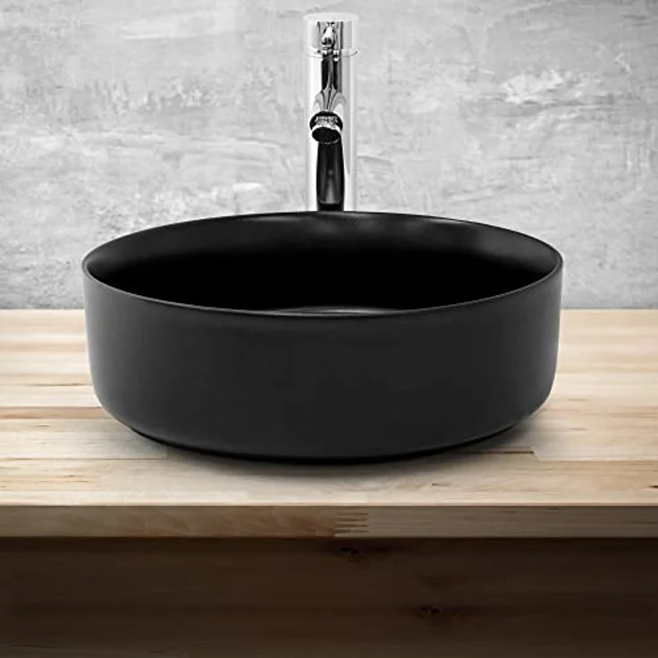 LuxeBath Waschbecken Aufsatzwaschbecken aus Keramik für Badezimmer/Gäste-WC, Rund, Schwarz, Ø 360 x 120 mm, Armatur mit Standard-Anschluss – Bild 4