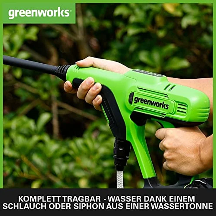 Greenworks Tools Akku-Druckreiniger G24PW (Li-Ion 24V 300 Watt Motorleistung 24 bar Druck 180 l/h Durchflussmenge 5-Fach Düse 6m Schlauch ohne Akku und Ladegerät) Green, Grey, Black – Bild 2