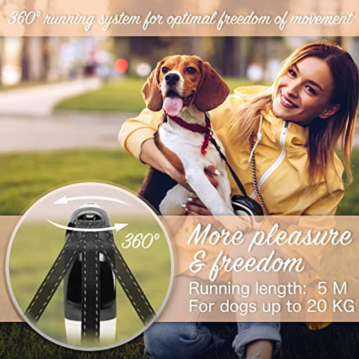bluzelle BLUZELLE 5m Rollleine mit Reflektor-Streifen für Kleine Hunde bis 20kg, Ausziehbare Hundeleine mit 360° Karabiner-Haken Metall, Zuverlässige EIN-Hand Bremse Nylon-Gurt Ergonomischer Griff, Größe:S, Schwarz – Bild 2
