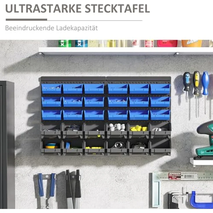 DURHAND Lagersystem Wandregal 37,5 x 63 cm, Sichtlagerkästen, 30tlg. Boxen in 2 Größen, Werkzeughalterungen, Werkstattwandregal für Schrauben, Blau – Bild 3