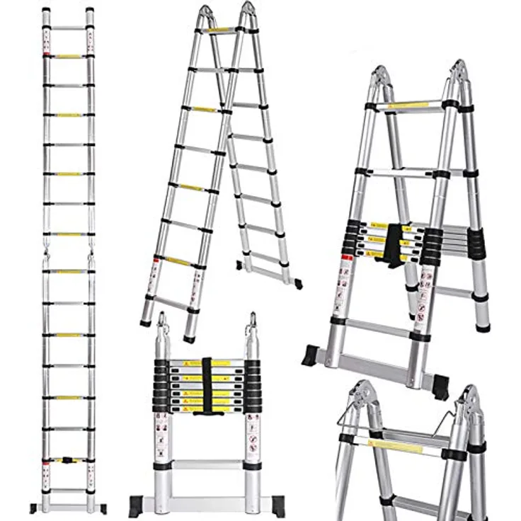 COOCHEER Teleskopleiter 5 m, Alu Leiter mit 16 Stufen, max. 150 kg