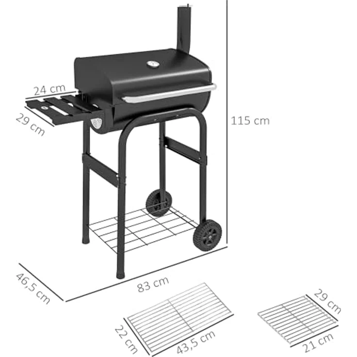 Outsunny Holzkohlegrill Grillwagen mit Deckel, Ablagen Campinggrill mit Rädern, Deckel, Thermometer, Schornstein für Camping Garten Edelstahl Schwarz – Bild 5