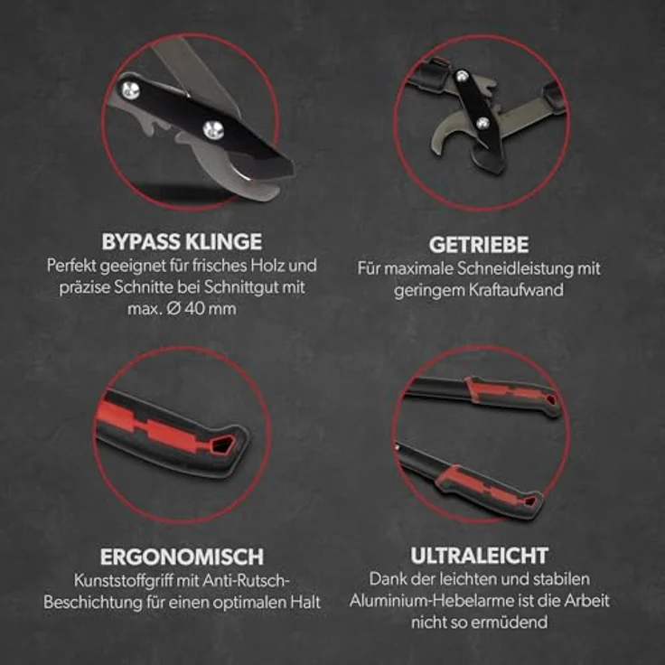 siwitec Bypass Getriebeastschere SG-20, Astschere für frisches Holz bis Ø 40 mm, Kohlenstoffstahl Klinge, Länge 75 cm, Schwarz-Rot – Bild 5