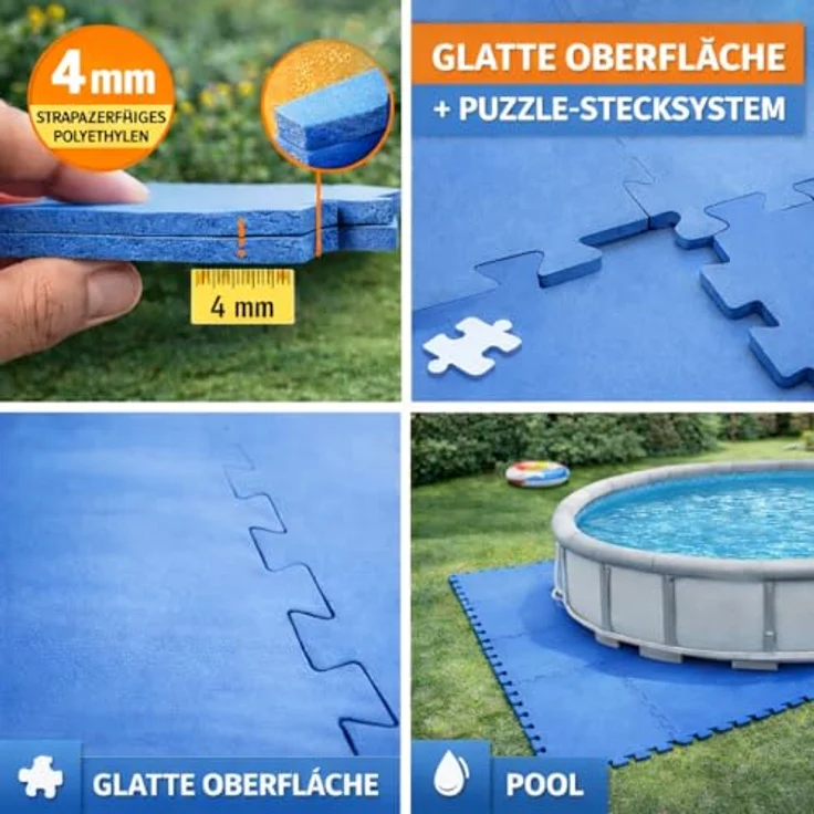 Neustanlo Pool Fliesen Set, 8 Stück 50x50 cm Bodenschutzmatten, 4 mm Puzzle Stecksystem, rutschfest & wasserabweisend, blau – Bild 2
