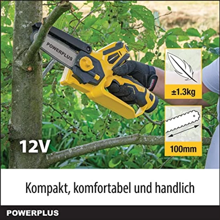 Powerplus Akku Kettensäge POWXG1045-12V Säge, inkl. 12V Akku und Ladegerät, kleine elektrische Säge mit 100 mm Schwert für Einhand Bedienung, Gartengeräte für einfache Gartenarbeit – Bild 2