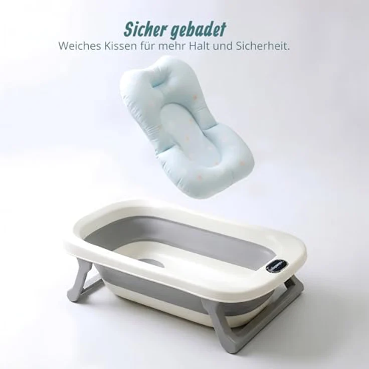 Relaxdays Babybadewanne Klappbar, Kunststoff Cremeweiß Grau, Rutschfest mit Kissen, 20 cm x 78 cm x 50 cm – Bild 7