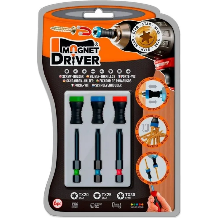COFI 1453 Bit-Schraubendreher Bithalter magnetisch B33 Blister mit 3 TORX-Schraubendreher-Bits und 3 Magnet Driver Star, 6 Stück
