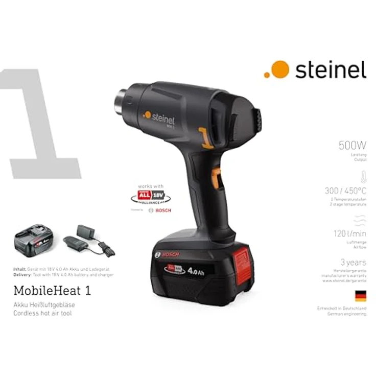 Steinel Akku Heißluftpistole MH 1 Set, kabellos mit 4.0 Ah 18V Bosch PFA Akku, 2 Temperaturstufen 300°C/450°C, kompakt für Löten und Schrumpfen – Bild 4