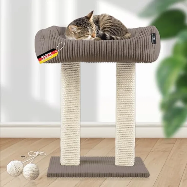 Rohrschneider Kratzbaum Katzenbaum Wolly 2 breite Kratzstämme mit Katzenbett Cordstoff, Made in Germany, versch. Farben