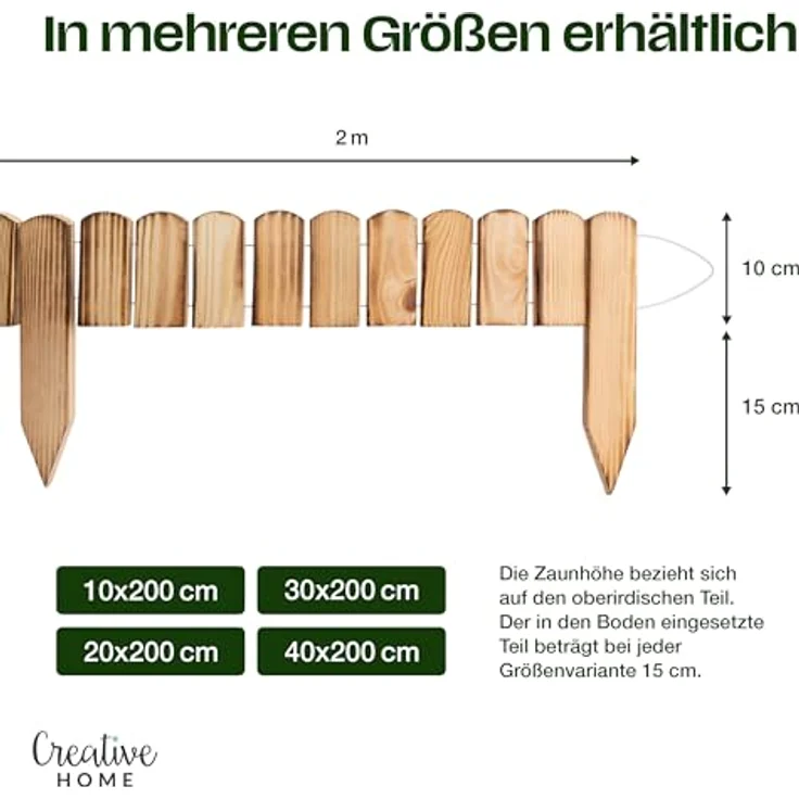 Creative Home Rasenkante Beeteinfassung Holz 200 x 10 cm, geflammt, robuste Kiefernholz-Konstruktion, witterungsbeständig – Bild 3