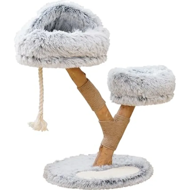 Dehner Lieblinge Kratzbaum Berlioz, Katzenbaum robust, Kletterbaum für Katzen, Plüsch/Spanplatte/Jute/Holz, hellgrau