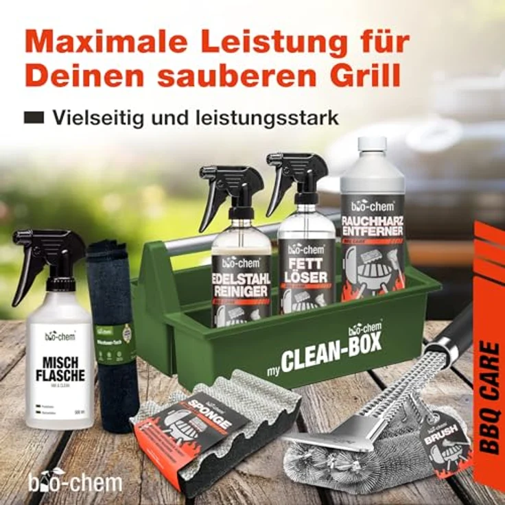 bio-chem Grill Reinigungsset und Pflege Box 8-teilig, inkl. Rauchharzentferner 1L, Fettlöser 750ml, Edelstahlreiniger 750ml, Grillbürste und Zubehör – Bild 2