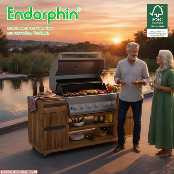 Endorphin Outdoorküche 2026, Mobile Grillstation mit integrierter Gasgrill-Technik, Teak-Wagen und silbernem Grill – Bild 4
