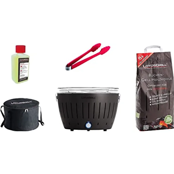LotusGrill Starter-Set Classic 1x Grill Anthrazitgrau mit USB-Anschluß, 1x Buchenholzkohle 2,5 kg, 1x Brennpaste 200ml, 1x Würstchenzange Farbe nach Vorrat, 1x Tragetasche, raucharmer Holzkohlegrill