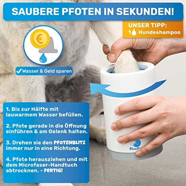 BluePet Pfotenreiniger PfotenBlitz, Hunde Zubehör zur sanften Reinigung von Hundepfoten, inkl. Mikrofaser-Handtuch, Größe S – Bild 4
