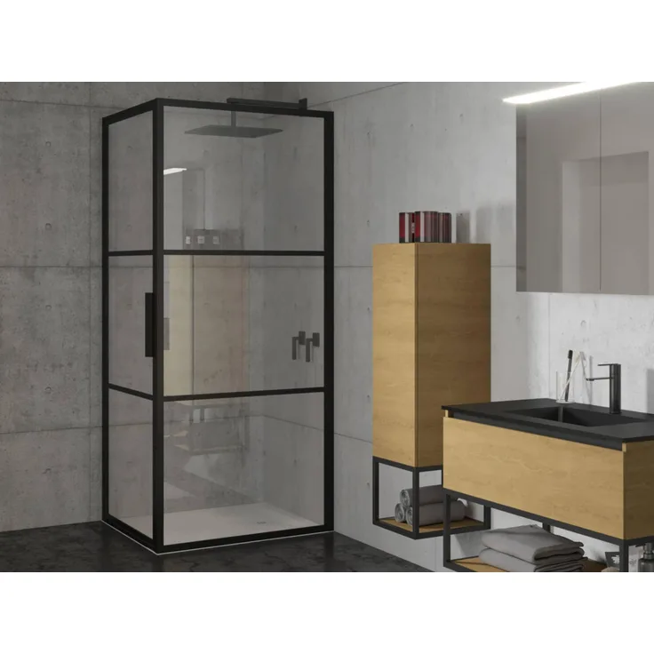 Riho Grid Duschekabine 80x80x200cm, klarer Glas- und mattschwarzer Rahmen, Hebe-Senk-Mechanismus, ESG-Sicherheitsglas