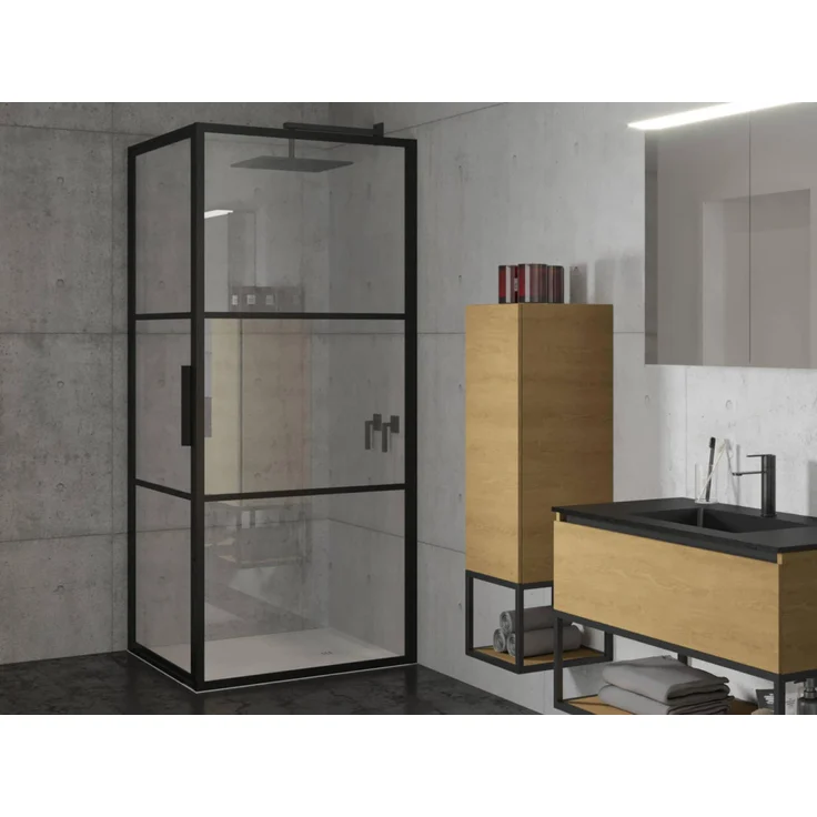 Riho Grid Duschekabine 80x80x200cm, klarer Glas- und mattschwarzer Rahmen, Hebe-Senk-Mechanismus, ESG-Sicherheitsglas