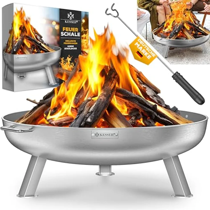KESSER® Feuerschale Ø80cm, 2,5mm Stahl, mit Wasserablauf, 42cm Feuerhaken aus Gusseisen, 2 stabile Griffe, ideal für Garten und Terrasse – Bild 1
