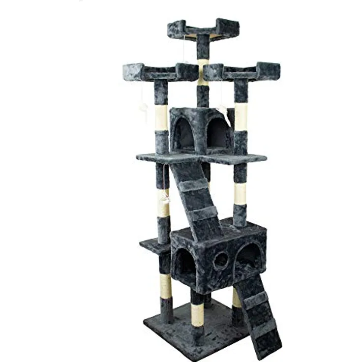 Mobiclinic, Kratzbaum, Modell Tom, Mehrere Höhen, Zum Klettern, Gemütliche Liegeflächen, 2 Rückzugshöhlen, Stabile Sisalsäulen, Krallenpflege, Spielkordel und Leiter, Bis 10 kg, 50x50x170, Grau
