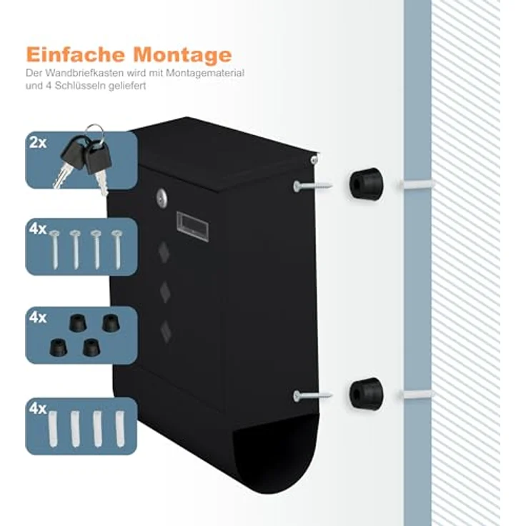 relaxdays Briefkasten mit Zeitungsfach, modernes Design aus pulverbeschichtetem Eisen, schwarz – Bild 7