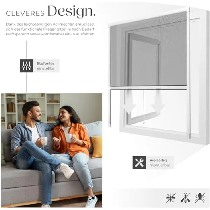 tectake Insektenschutz-Fensterrahmen Insektenschutzrollo, Aluminium, 130x160 cm, weißer Rahmen, schwarzes Moskitonetz – Bild 4