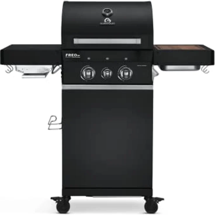 BURNHARD 2-Brenner Gasgrill FRED Jr. Deluxe BLACK 2023 inkl. 900°C Infrarot-Keramikbrenner, Gusseisen-Grillrost, Grillabdeckung, Grillwagen + klappbare Seitentische – Bild 1
