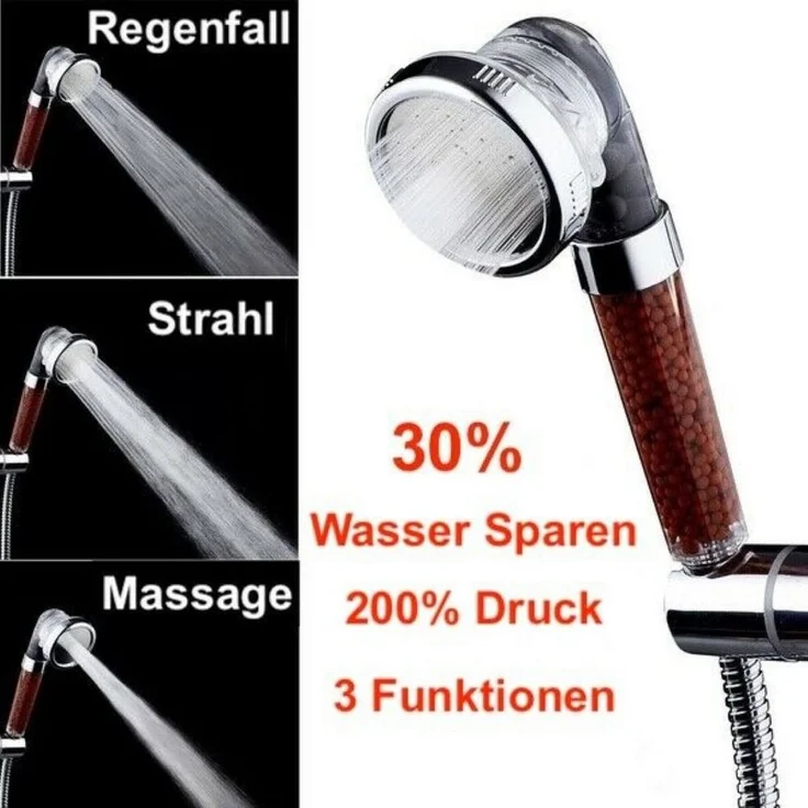 RHP Handbrause Handbrause Druck Wasserspar Duschkopf Lonic Filtration Duschbrause, 3 Strahlarten, 30% Wasserersparnis, Mineralsteine – Bild 1