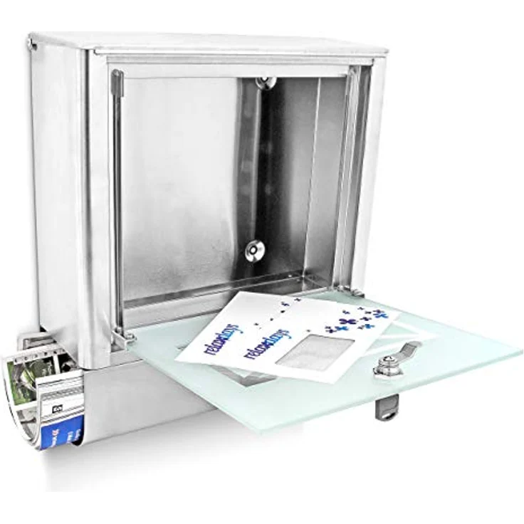 Relaxdays Briefkasten mit Zeitungsfach, Postkasten aus Edelstahl und Glas, Mit Motiv, HBT: ca. 40 x 35 x 14 cm, silber - grau – Bild 5