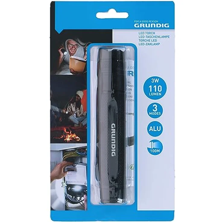 GRUNDIG LED Taschenlampe 110 Lumen - 3W - 100m Reichweite - 3 Beleuchtungsmodi: Hoch, Niedrig, Pulsierend - Schwarz – Bild 2