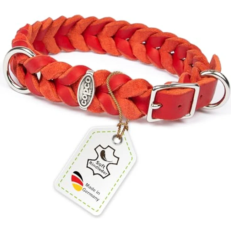 CopcoPet Hundehalsband aus Fettleder, 25–29 cm x 15 mm, Rot – Geflochtenes Lederhalsband mit verchromter Dornschließe, robust & verstellbar – Ideal für kleine Hunde, Alltag & Training – Bild 1