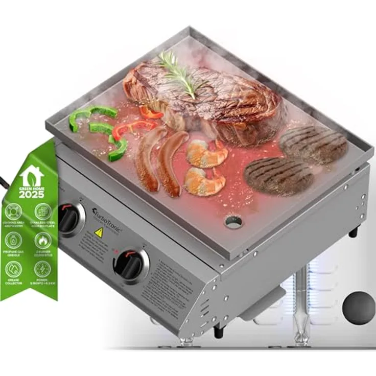 TurboTronic By Z-LINE XXL Profi Plancha Gasgrill, 61 cm Edelstahl Grillplatte, 6,3 kW Leistung, 2x 3,15 kW Brenner, Turbofunktion für Smash Burger, tragbares Design für Camping und BBQ