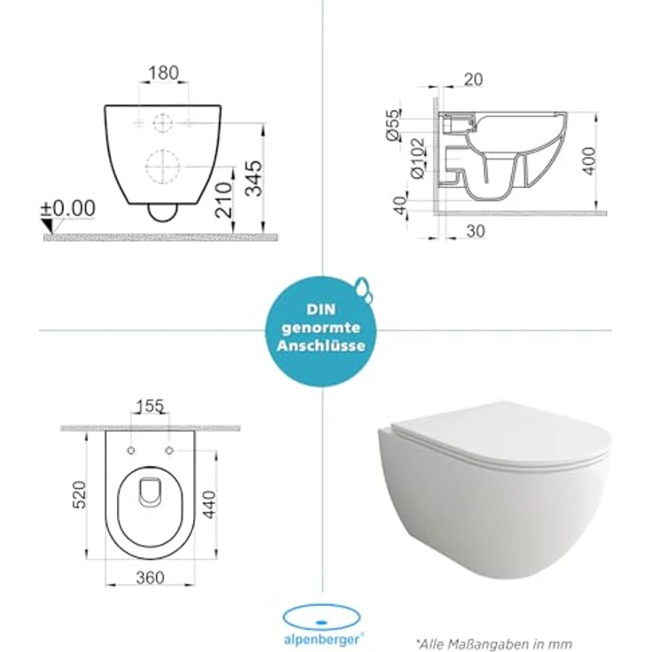 Alpenberger Tiefspül-WC Hänge WC - Wand WC Spülrandlos mit Toilettendeckel D Form, Abgang Waagerecht, WC Sitz mit Absenkautomatik - Made in EU - Passend zu Geberit, Keramik weiß, Nano-Beschichtung - Preisvergleich – Bild 6