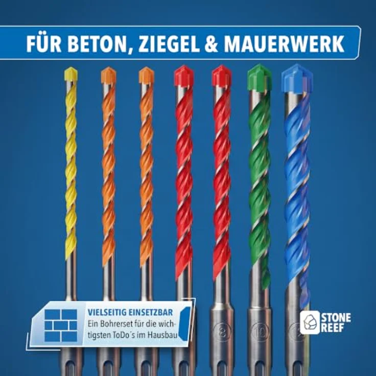 STONE REEF SDS Plus Bohrer Set 7 tlg, farbcodiert 5-12 mm, für Beton, Mauerwerk und Stein, inkl. Aufbewahrungsbox – Bild 5