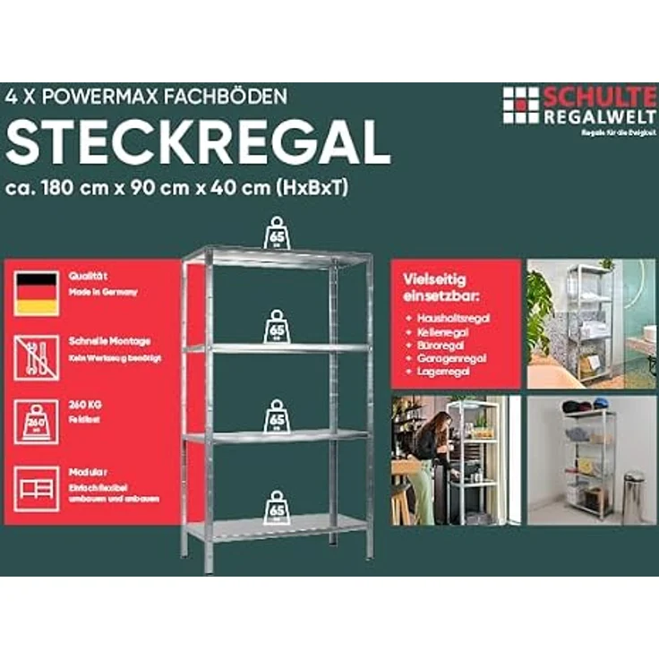 Schulte Regalwelt Lagerregal mit 4 PowerMAX-Fachböden, 180x90x40cm Regalsystem, Steckregal mit einfacher Montage ohne Verschrauben, Traglast je Boden bis zu 65 Kg (bis zu 260 Kg Gesamttraglast) – Bild 8