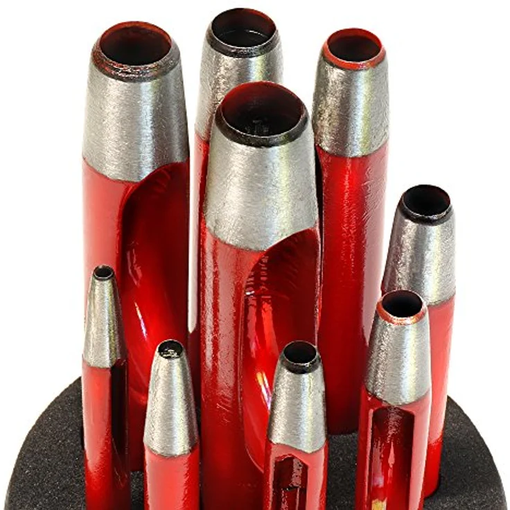 S&R Locheisen-Satz 2-10mm, Rund-Locheisen & Loch-Pfeifen aus Kohlenstoffstahl für präzises Ausstanzen in Pappe, Gummi & Leder, Hohlstanzer & Formlocheisen für Gürtel, Uhren-Armband & weiche Werkstoffe – Bild 3