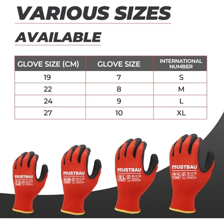 Mustbau 3 Paar Arbeitshandschuhe EN388 Late und Polyester beschichtet, abriebfest und belüftet nahtlos gestrickte Handschuhe Ideal für Gartenarbeit, Mechaniker, Baustellen (Rot,XL) – Bild 5