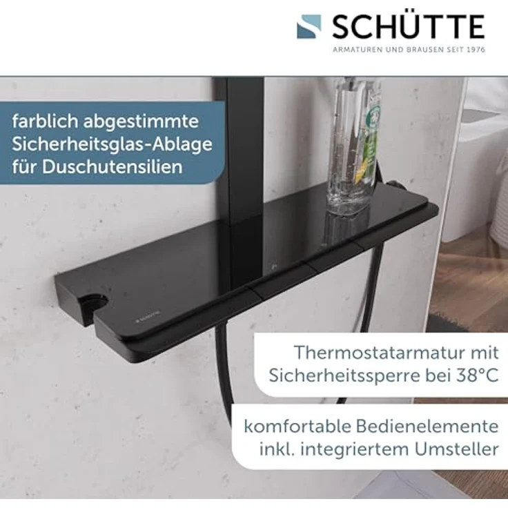 Schütte Duschsystem HAWAII, Überkopfbrause-Set mit 3 Strahlarten, Thermostatarmatur, Montagezubehör & Glasablage, Höhe 115 cm – Bild 2
