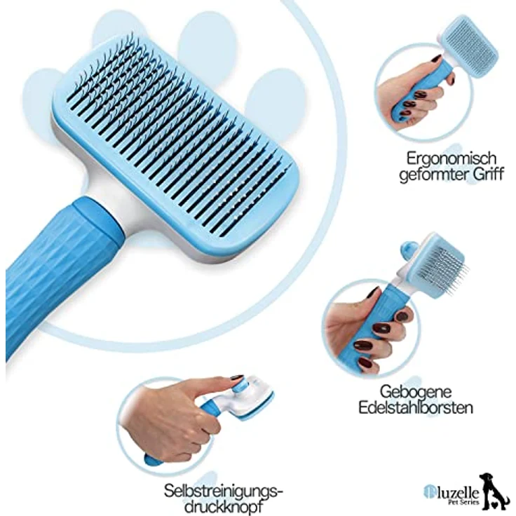 BLUZELLE Tierpflege Bürste, Haustierbürste für Kurzhaar & Langhaar, Selbstreinigende Fellbürste, Tierhaarbürste, sanfte Katzenbürste, Hundebürste, Fellpflege für Hunde, Katzen & Co, Farbe:Blau – Bild 4