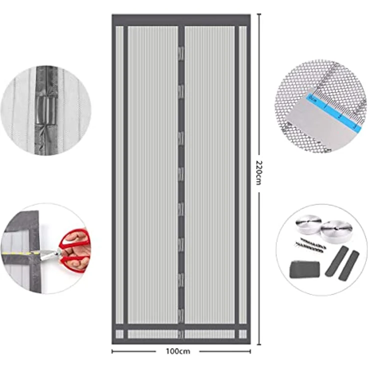 Sekey Magnet Fliegengitter Balkontür ohne Bohren Zuschneidbar, Türvorhang Fliegenschutz, Insektenschutz Tür Vorhang mit Verbreitertem Klebeband 100x220cm, Grau – Bild 2